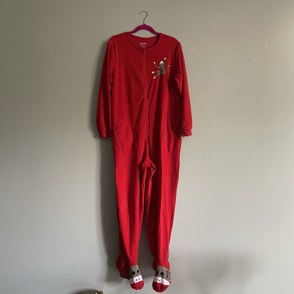 Nick And Nora Sock Monkey Footed Sleeper Pajamas Adult L Solid Soft Warm